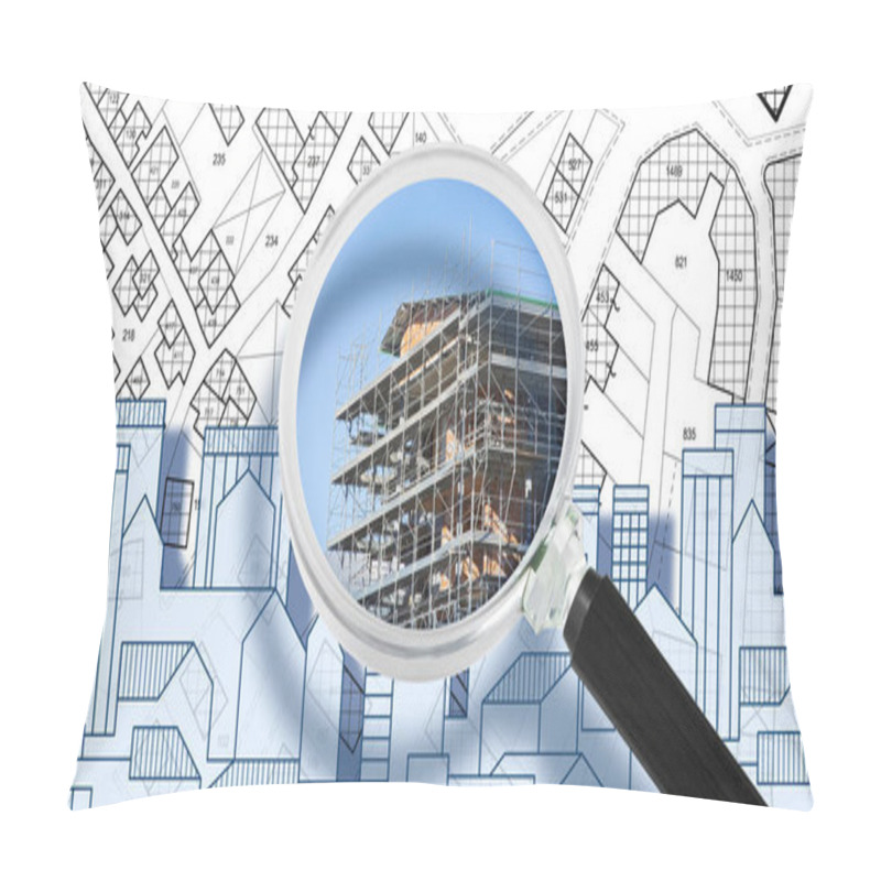 Personality  Metal Scaffolding On A Construction Site - Concept With Imaginary Cadastral Map And Cityscape Seen Through A Magnifying Glass Pillow Covers