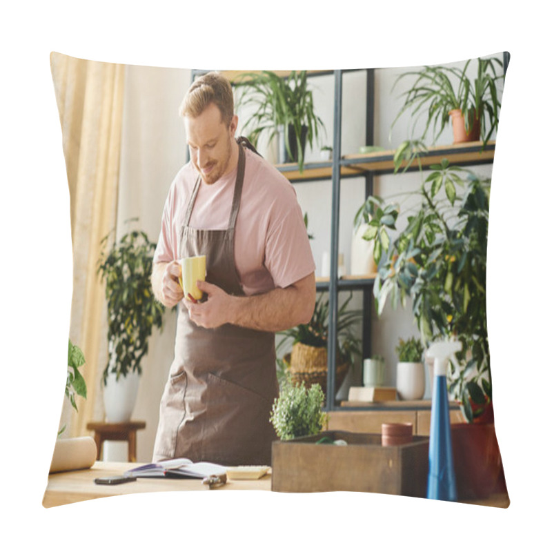 Personality  A Handsome Man In An Apron Relaxes, Holding A Steaming Cup Of Coffee. Pillow Covers