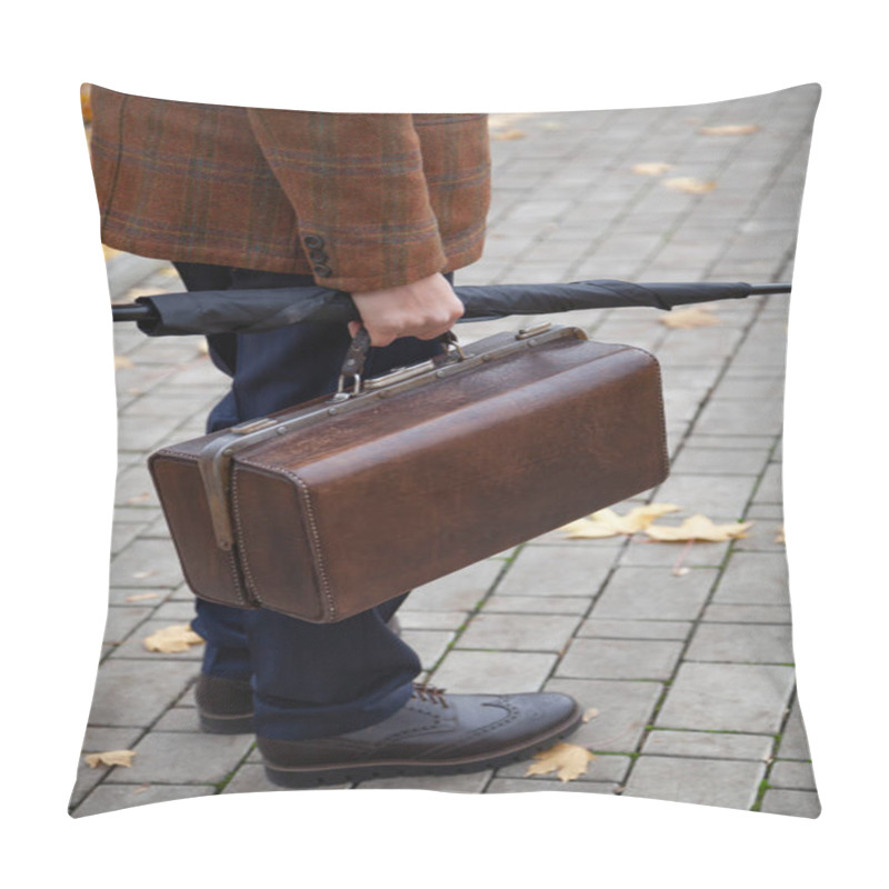 Personality  Gentleman In A Stylish Checkered Jacket Stands In The Alley Of The Square In The Fall Afternoon. Holding A Vintage Bag And Umbrella Cane In His Han Pillow Covers