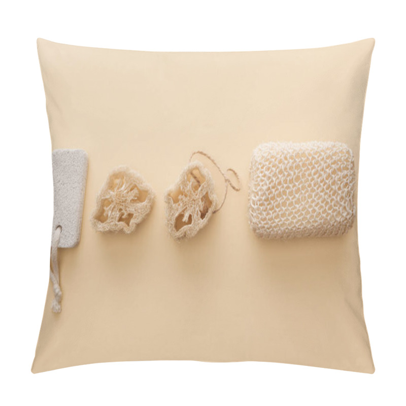 Personality  Top View Of Natural Bath Sponge Near Loofahs And Pumice Stone On Beige Background Pillow Covers