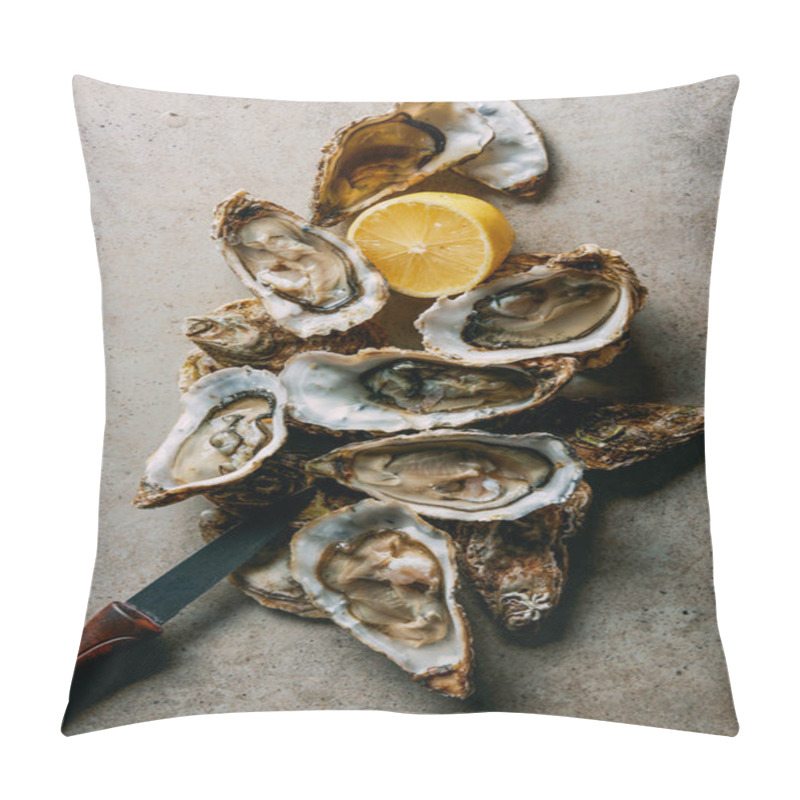 Personality  Top View Of Oysters, Lemon Half And Knife On Grey Surface Pillow Covers