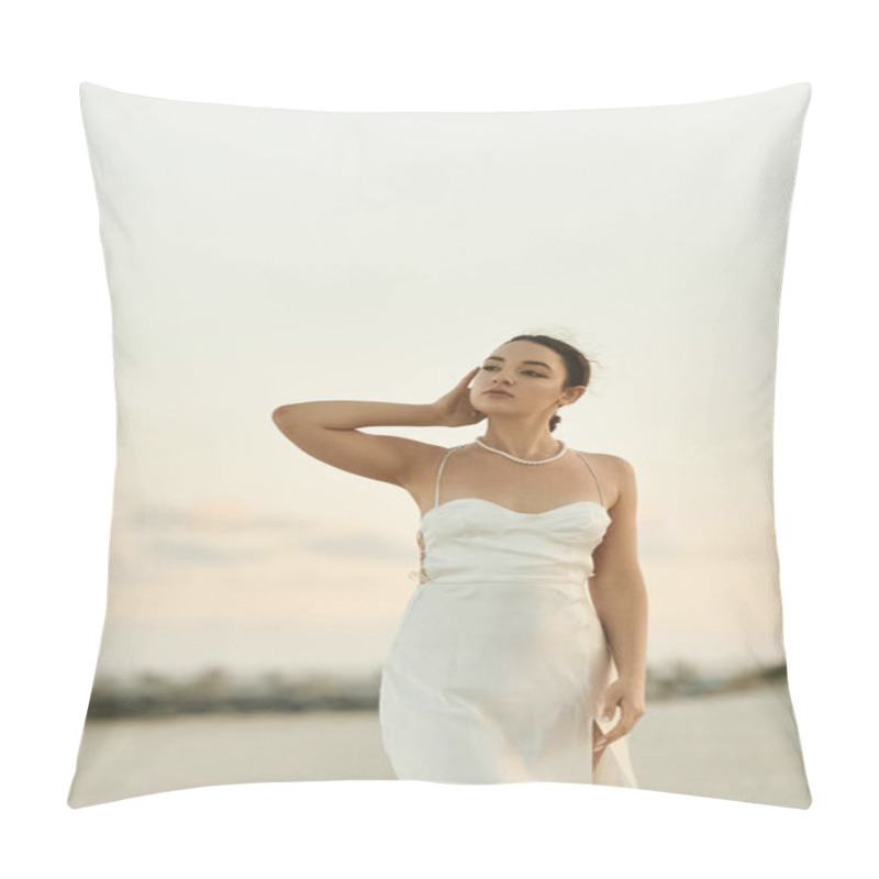 Personality  A Young Woman In A White Dress, With Her Hair Pulled Back, Stands On A Sandy Beach In Miami As The Sun Sets. Pillow Covers