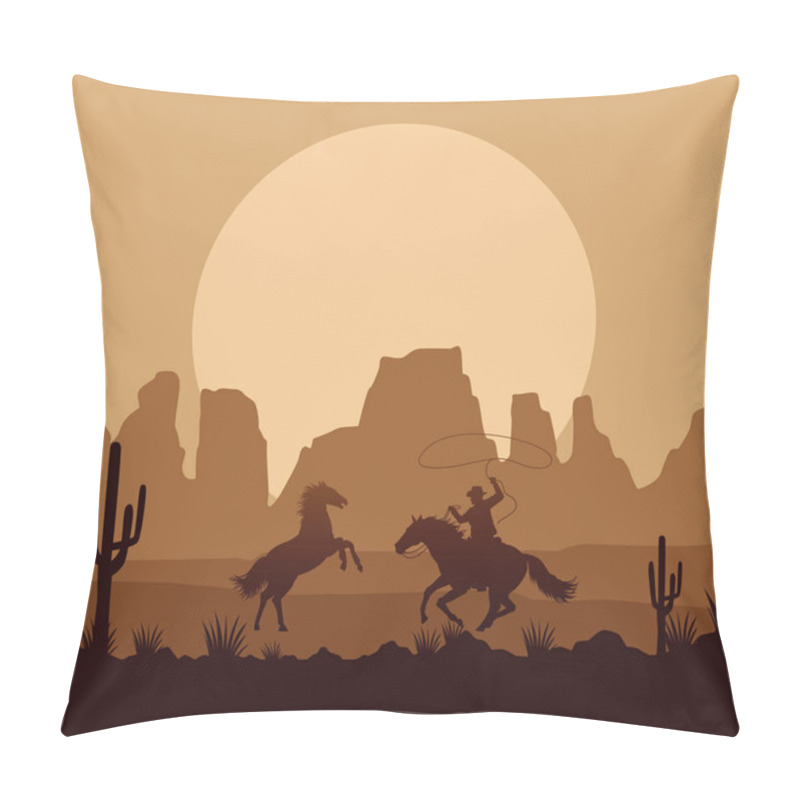 Personality  Wild West Desertic Sunset Scene With Horses And Cowboy Pillow Covers