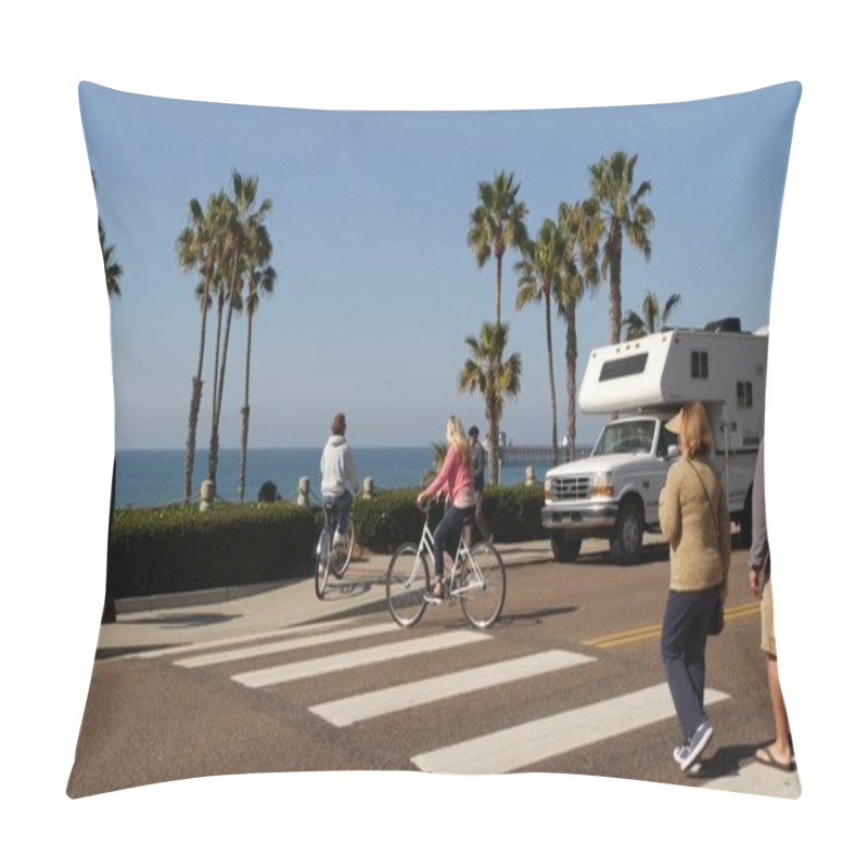 Personality  Oceanside, California USA - 8 Feb 2020: Motorhome, People Riding Bikes On Ped Crossing Zebra, Waterfront Road. Pacific Ocean Tropical Beach Tourist Resort. Palm Trees On Beachfront Street Sunny Day. Pillow Covers