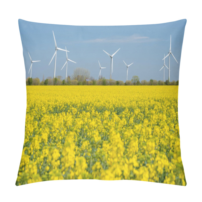 Personality  Yellow Rapeseed Field Panorama With Wind Turbine Or Wind Wheels. Pillow Covers