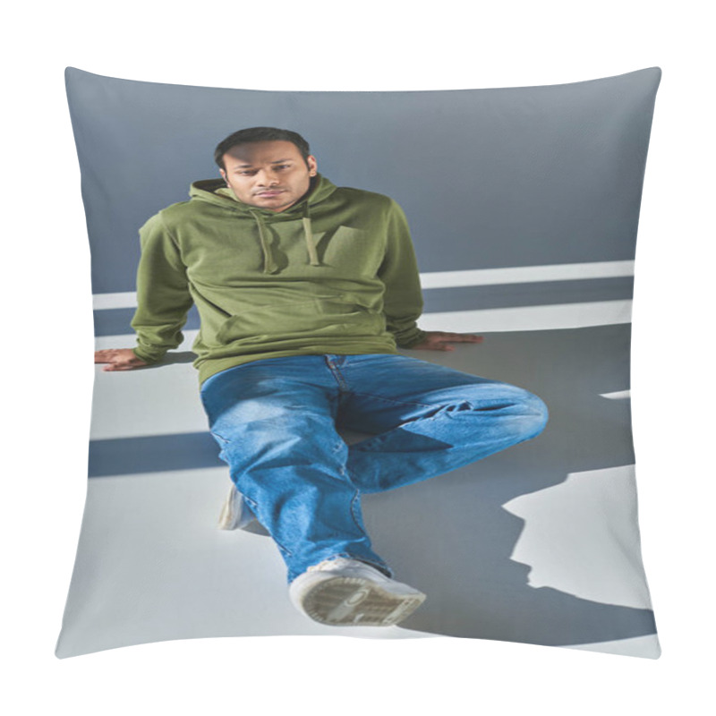 Personality  Young Indian Man In Casual Urban Attire Slightly Smiling Sitting On Floor And Looking At Camera Pillow Covers