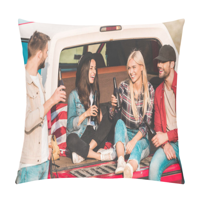 Personality  Group Of Young People Drinking Beer And Chatting While Sitting In Car Trunk On Nature Pillow Covers