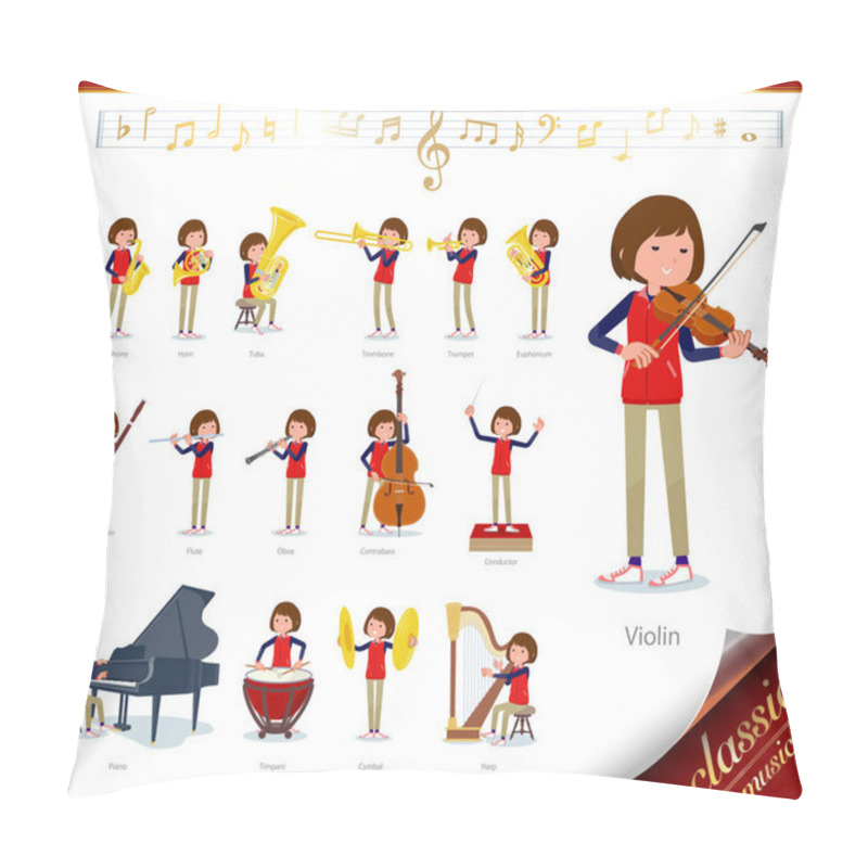 Personality  A Set Of Women On Classical Music Performances.There Are Actions To Play Various Instruments Such As String Instruments And Wind Instruments.It's Vector Art So It's Easy To Edit. Pillow Covers