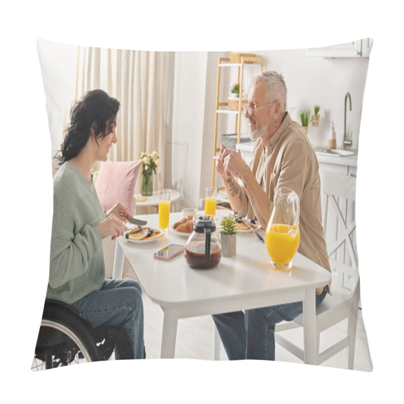 Personality  A Disabled Woman In A Wheelchair And Her Husband Share A Cozy Breakfast In Their Home Kitchen. Pillow Covers