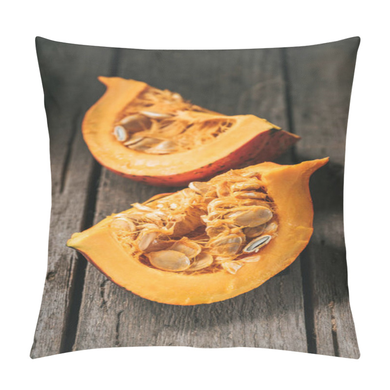 Personality  Close Up View Of Raw Pumpkin Halves On Wooden Background Pillow Covers