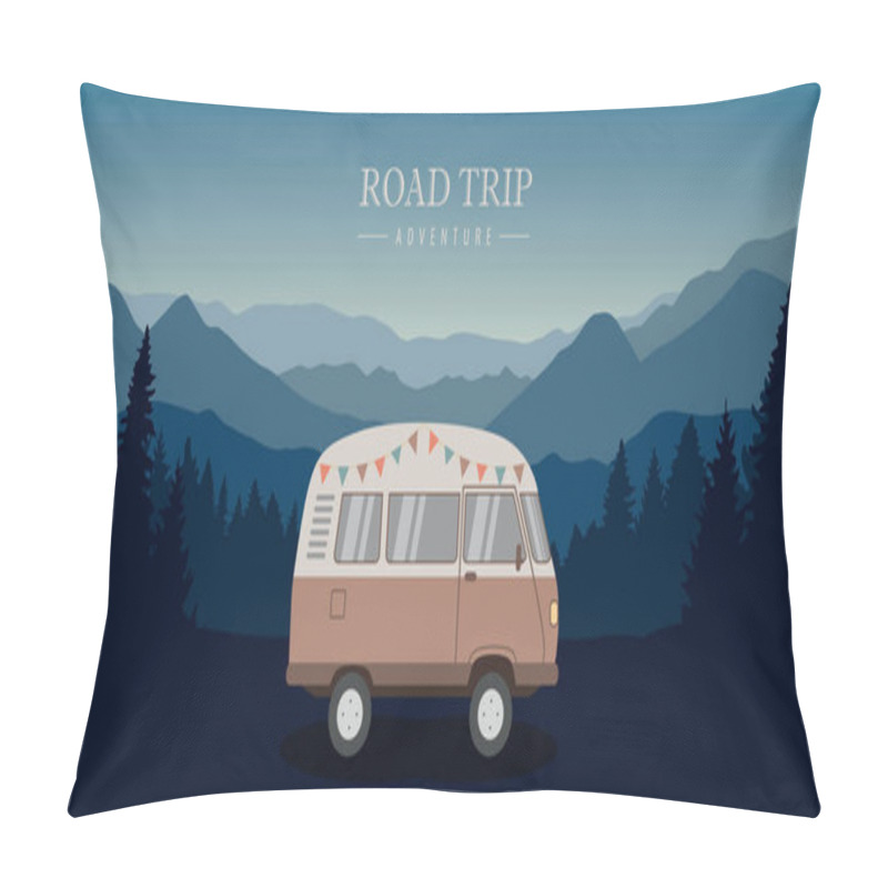 Personality  Road Trip Adventure In The Wilderness With Camper Van Vector Illustration EPS10 Pillow Covers