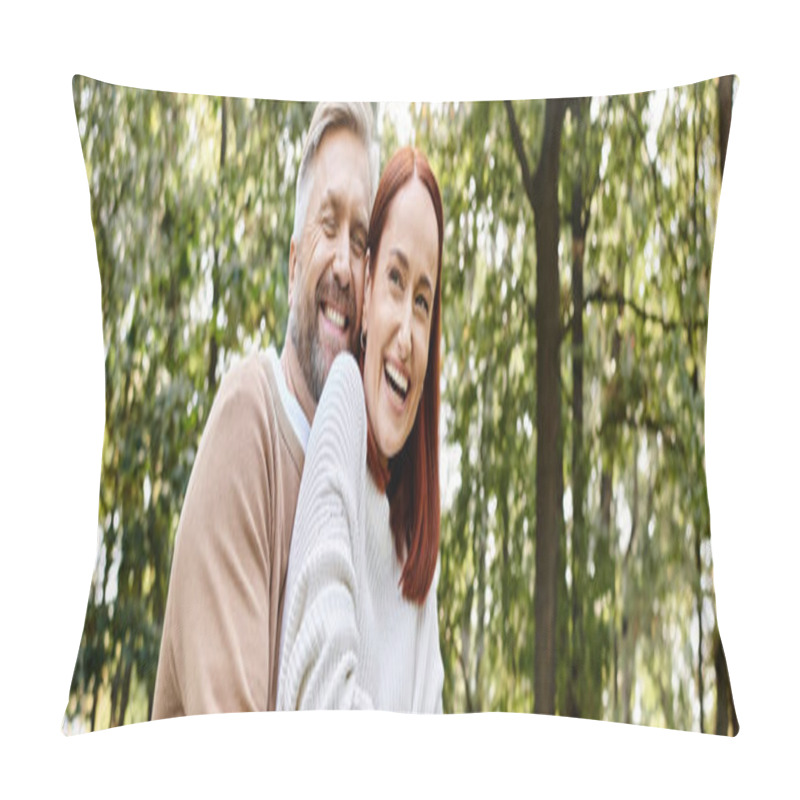 Personality  A Man And A Woman In The Woods, Smiling Lovingly On A Walk. Pillow Covers