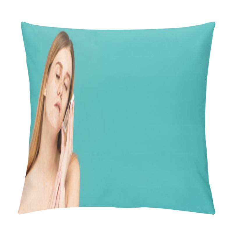 Personality  Redhead Woman With Freckles And Closed Eyes Holding Serum In Bottle Isolated On Turquoise, Banner  Pillow Covers