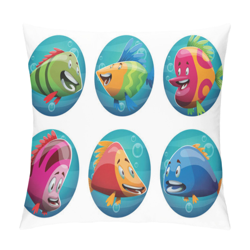 Personality  Set Of Six Round Blue Frames With Cute Fishes Pillow Covers