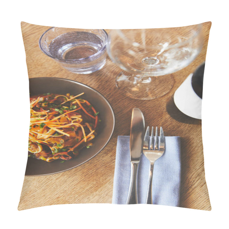 Personality  Top View Of Udon Noodles And Pork With Cutlery On Table Pillow Covers