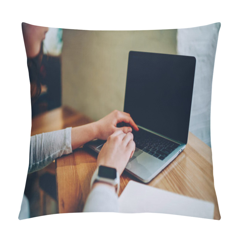 Personality  Cropped Image Of Female Freelancer Using Laptop Computer For Searching Information And Browsing Website On Blank Monitor,woman Using Netbook Application With Mock Up Screen For E Learning In Caf Pillow Covers