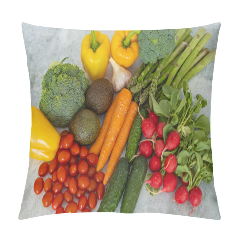 Personality  Top View Of Fresh Organic Vegetables Assortment Including Broccoli, Yellow Bell Peppers, Cherry Tomatoes, Carrots, Cucumbers, Radishes, Asparagus, Garlic And Avocados On A Light Concrete Background Pillow Covers