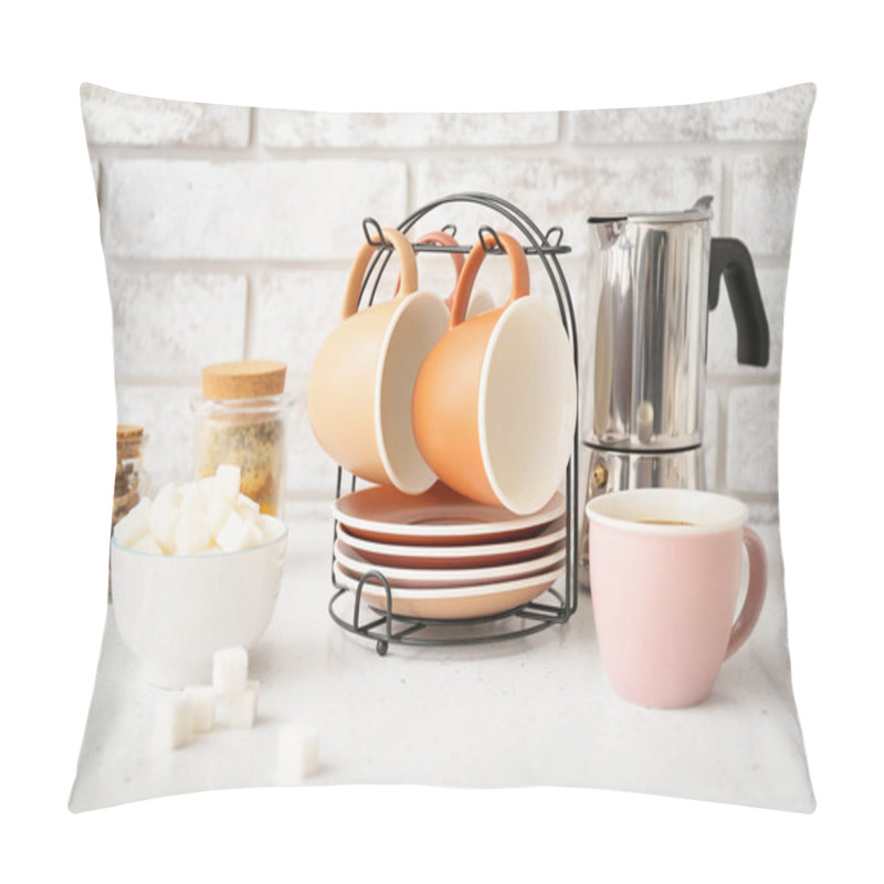 Personality  Holder With Cups And Saucers On Kitchen Table Pillow Covers