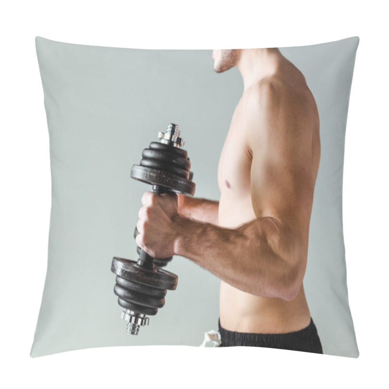 Personality  Partial View Of Sexy Muscular Bodybuilder With Bare Torso Exercising With Dumbbells Isolated On Grey Pillow Covers