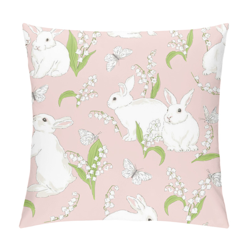 Personality  Cute Bunny In Spring Bloomy Garden Vector Seamless Pattern. Pillow Covers