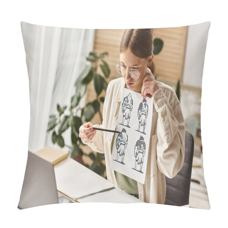 Personality  Young Teenage Girl Analyzing Anatomy Drawings For E-learning Art Class At Home, Looking At Laptop Pillow Covers