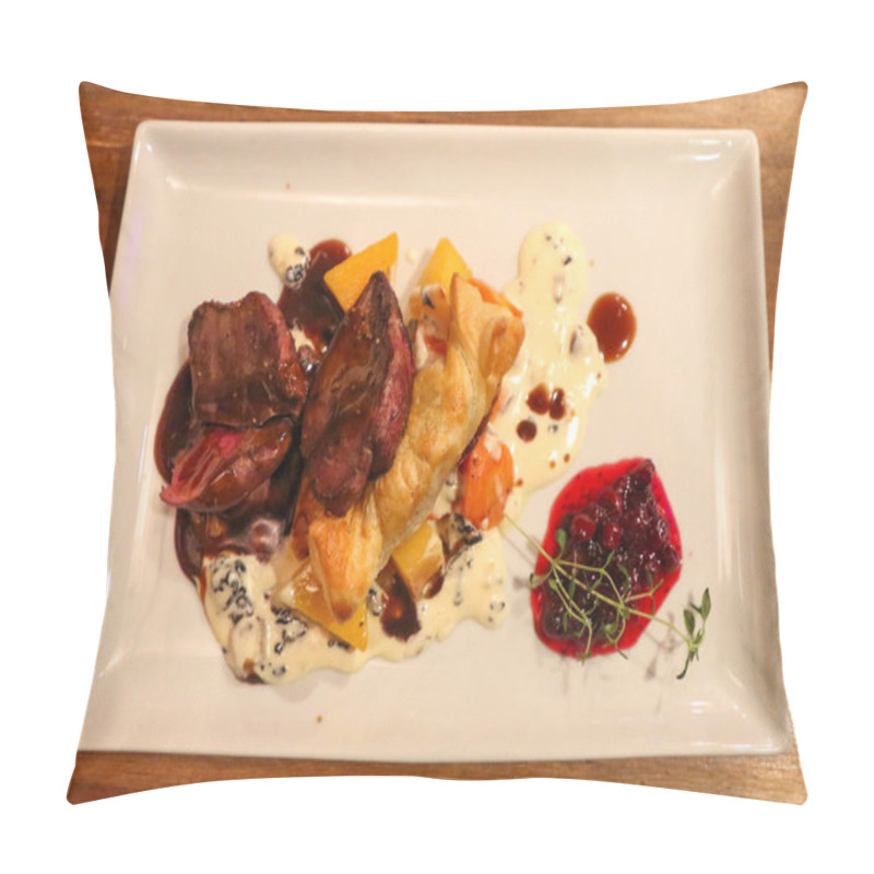 Personality  Traditional Main Course Of Sauteed Reindeer With Mashed Potatoes And Cranberries In Finland Pillow Covers