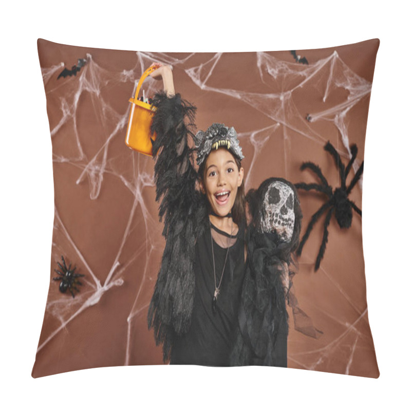 Personality  Cheerful Preteen Girl Yaying And Holding Scary Toy And Bucket Of Sweets, Halloween Concept Pillow Covers