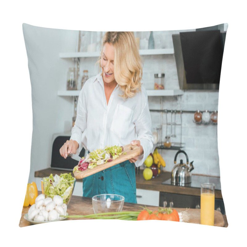 Personality  Beautiful Adult Woman Making Healthy Salad At Kitchen Pillow Covers