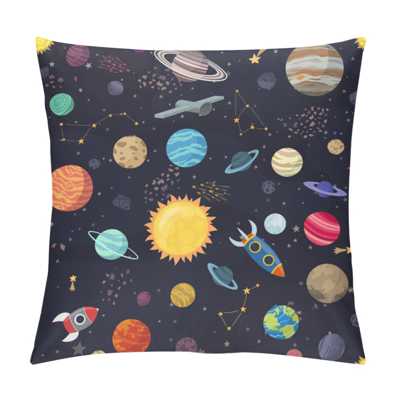 Personality  Carton Seamless Space With Planets And Spaceships. Vector Illustration Pillow Covers