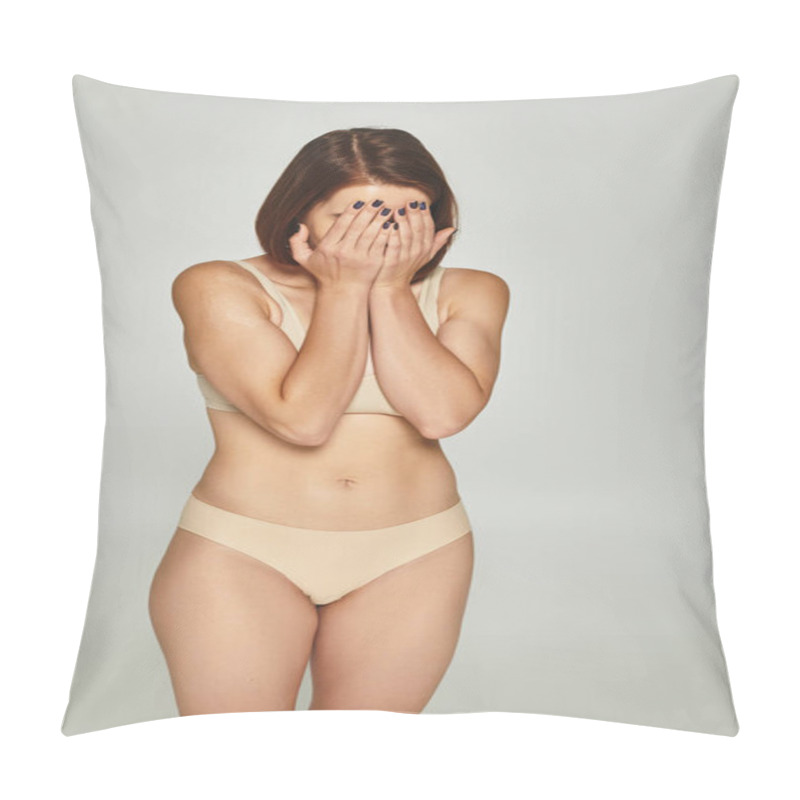 Personality  Embarrassed Young Woman In Beige Underwear Covering Face With Hands On Grey Background, Body Shaming Pillow Covers