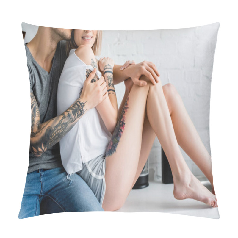 Personality  Cropped View Of Tattooed Man Hugging Beautiful Smiling Girl On Worktop In Kitchen  Pillow Covers