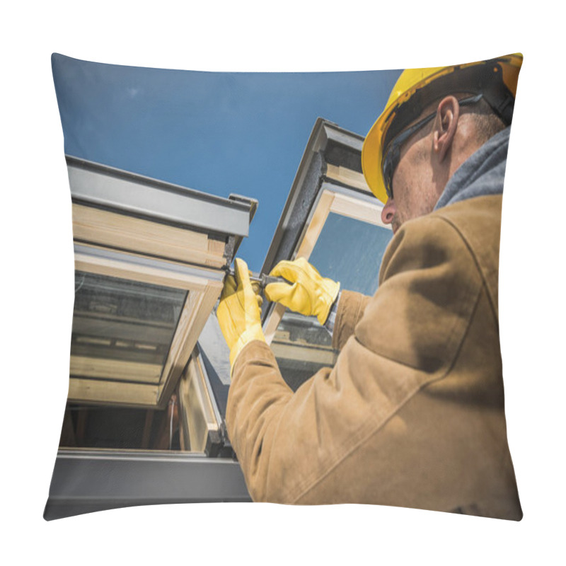 Personality  Caucasian Worker Wearing Safety Helmet And Protective Gloves Carrying Out Repair Works On Roof Skylight Windows Using His Screwdriver. Pillow Covers