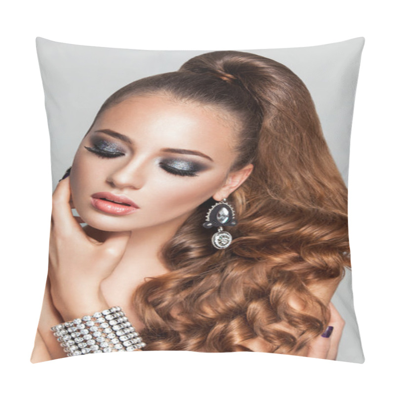 Personality  Beauty Brunette Fashion Model Girl With Long Healthy Curly Brown Hair Ponytail Pillow Covers