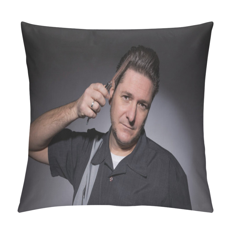 Personality  Horizontal Studio Portrait Of A 40 Year Old Man In Rockabilly Style Combing His Toupee With A Steel Folding Butterfly Comb Pillow Covers