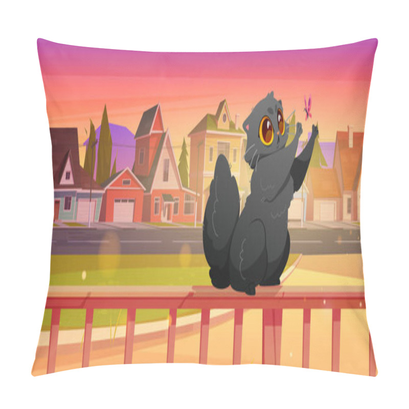 Personality  Cute Cat Playing With Butterfly At Home Terrace With Sunset View Of Suburban District With Cottage Houses And Green Lawn. Cartoon Funny Black Kitten Trying To Catch Flying Insect, Vector Illustration Pillow Covers