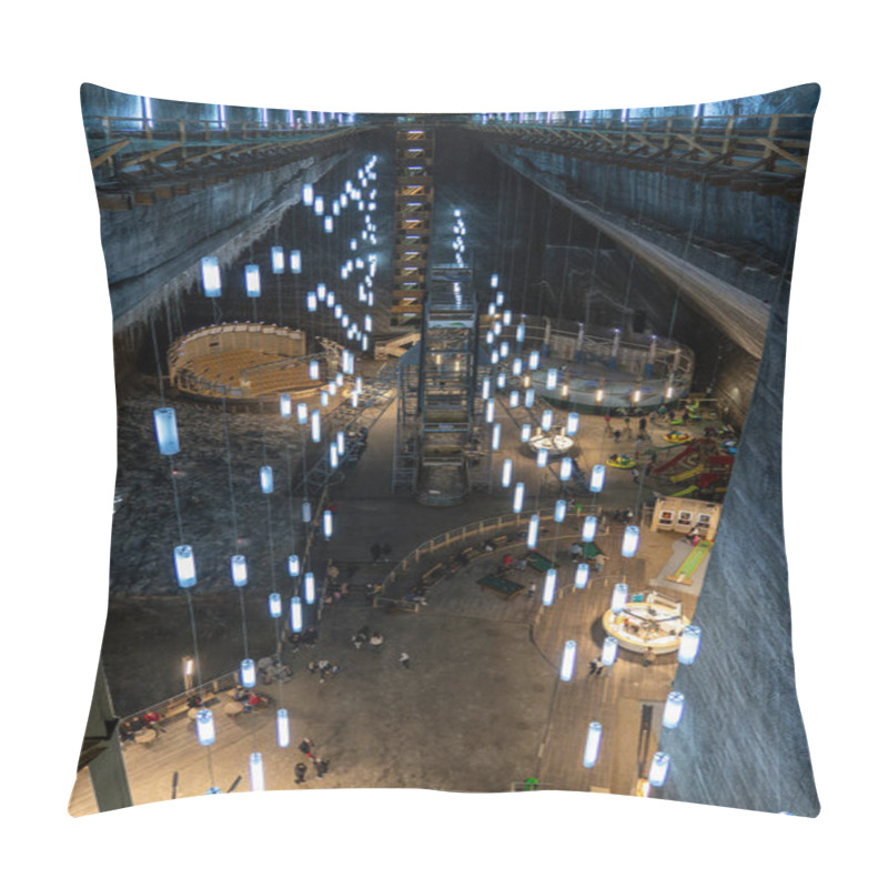 Personality  Turda, Romania, October 20, 2024: An Aerial View Of Salina Turda, A Historic Salt Mine Transformed Into A Modern Tourist Attraction, Featuring Illuminated Walkways And Recreational Areas. Pillow Covers