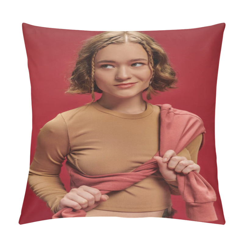 Personality  Young Pretty Woman In Patchwork Pants Tying Jumper Over Cropped Long Sleeve On Red Backdrop, Style Pillow Covers