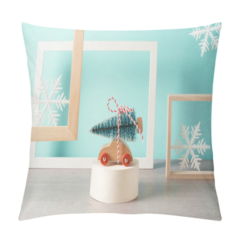 Personality  Christmas Holiday Concept With Toy Car And Small Christmas Tree. Winter Season Modern Still Life Composition. Pillow Covers