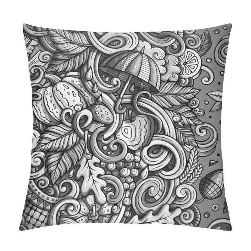 Personality  Cartoon Cute Doodles Hand Drawn Autumn Frame Design. Monochrome Detailed, With Lots Of Objects Background. Funny Raster Illustration. Graphic Border With Fall Theme Items Pillow Covers