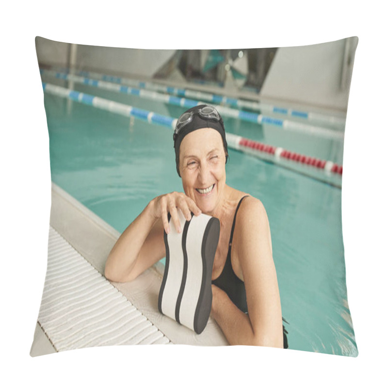 Personality  Joyful Mature Woman In Swim Cap And Goggles Near Poolside, Smile, Foam Pillow, Recreation Center Pillow Covers