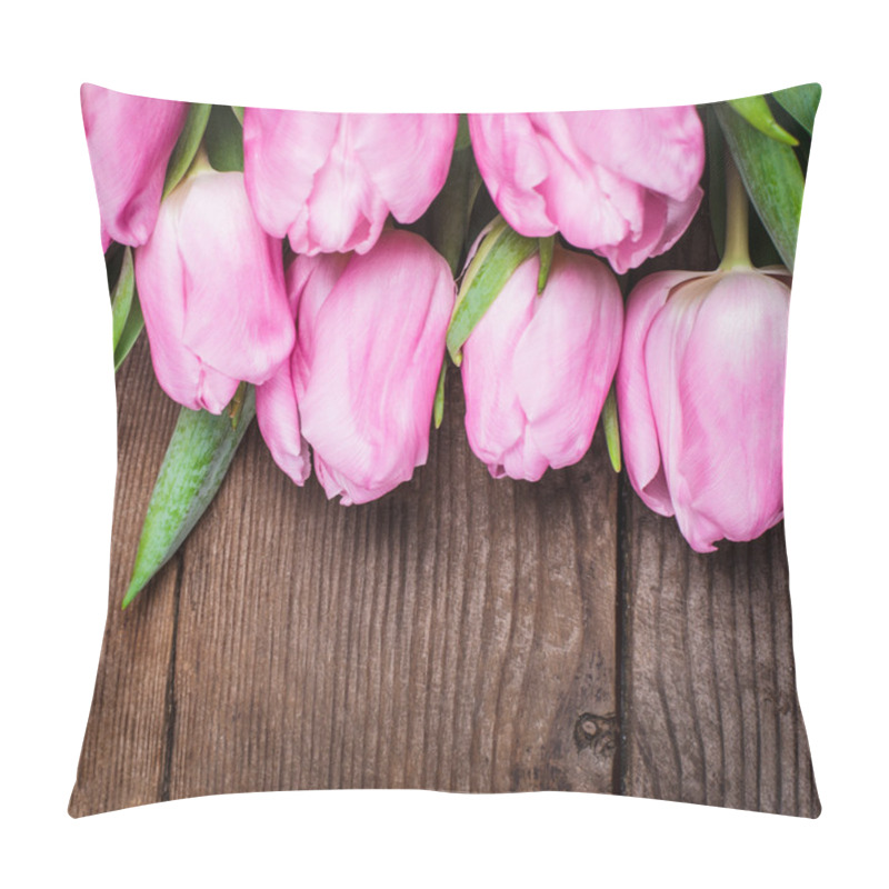 Personality  Pink Tulips Over Wooden Table Pillow Covers