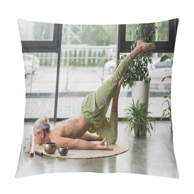 Personality  Side View Of Shirtless Man Doing Yoga Pose Near Tibetan Singing Bowls And Candles  Pillow Covers