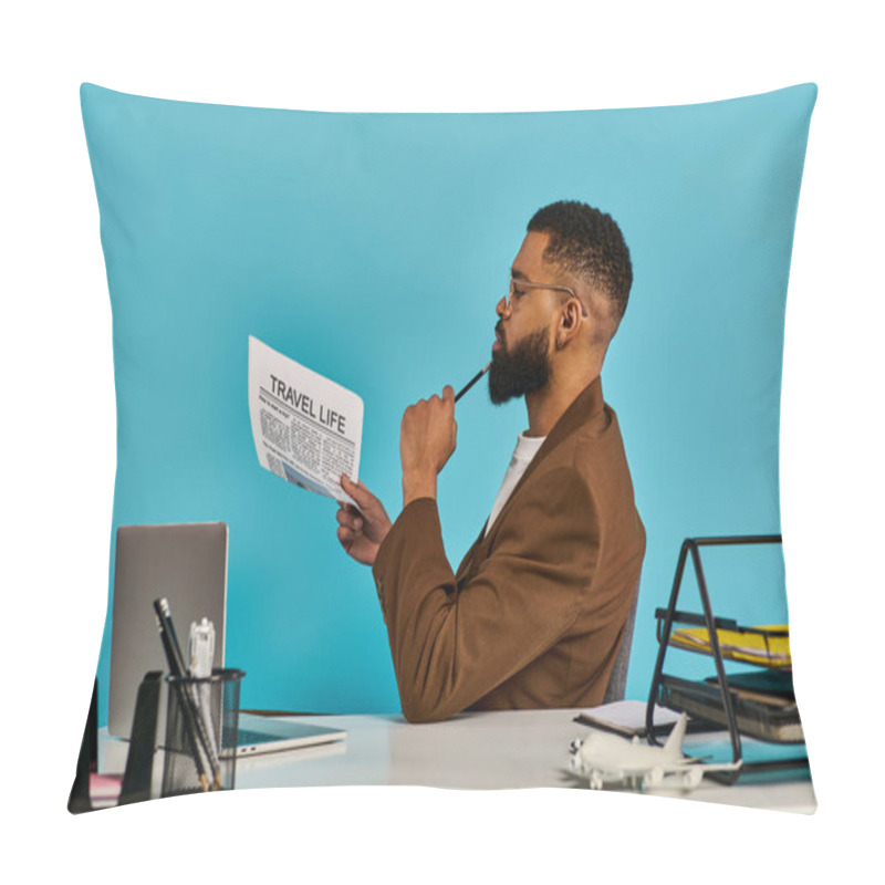 Personality  A Man Seated At A Desk, Engrossed In Reading A Paper. His Posture Is Focused And Serious As He Absorbs The Contents Of The Document. Pillow Covers