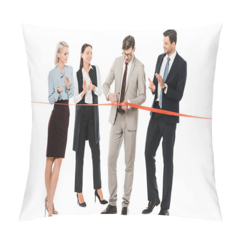 Personality  Businessman Cutting Red Ribbon On Opening Ceremony While Colleagues Applauding, Isolated On White Pillow Covers