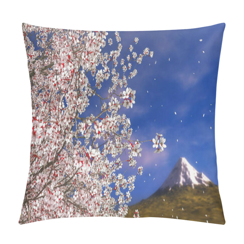 Personality  Close-up Of Lush Blooming Sakura Cherry Tree In Full Blossom With Falling Flower Petals And Fuji Mount In The Distance. Springtime Season Natural Background 3D Illustration From My 3D Rendering File. Pillow Covers