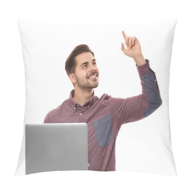 Personality  Happy Male Programmer With Laptop On White Background Pillow Covers