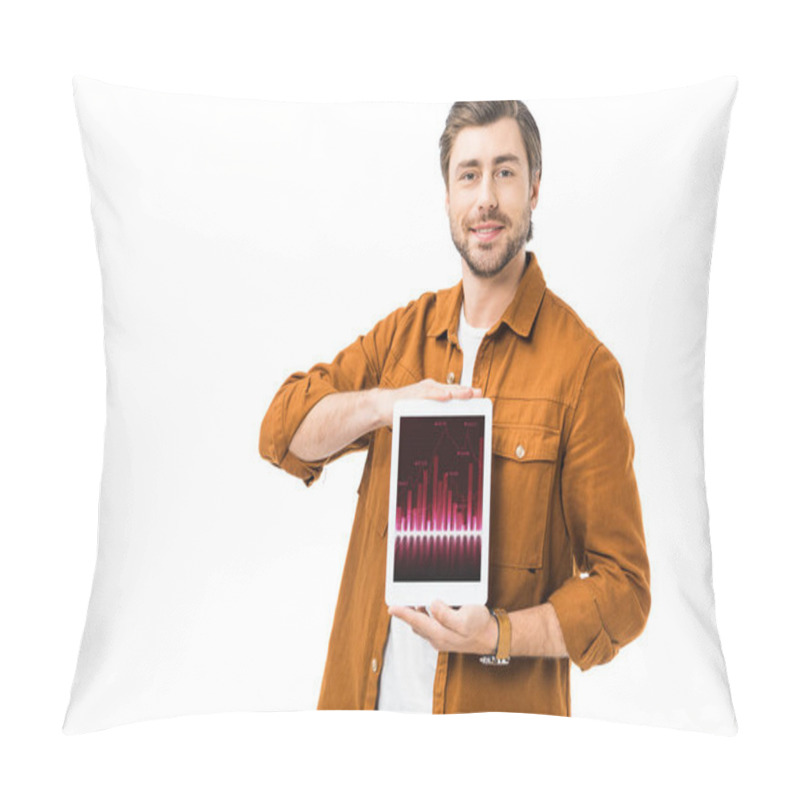 Personality  Young Man Showing Digital Tablet With Graphs On Screen Isolated On White Pillow Covers