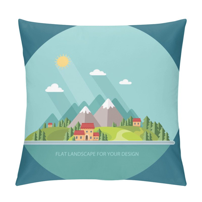 Personality  Landscape. Houses In The Mountains Among The Trees. Flat Style,  Pillow Covers