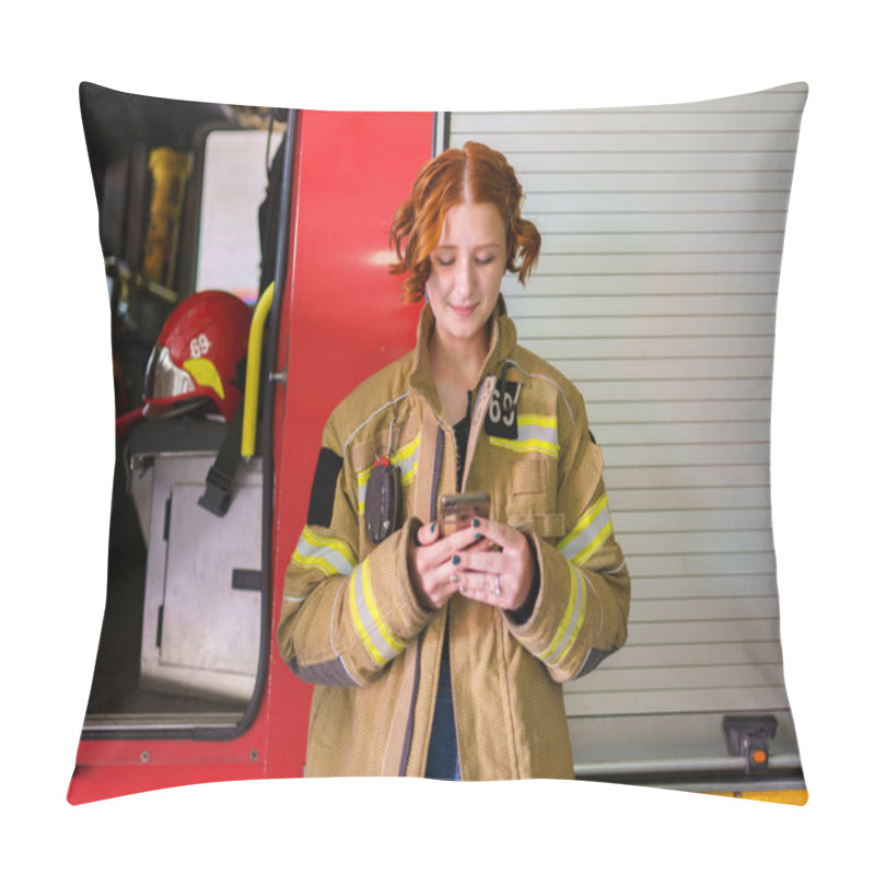 Personality  Image Of Woman Firefighter With Phone In Her Hands Against Background Of Fire Engine Pillow Covers