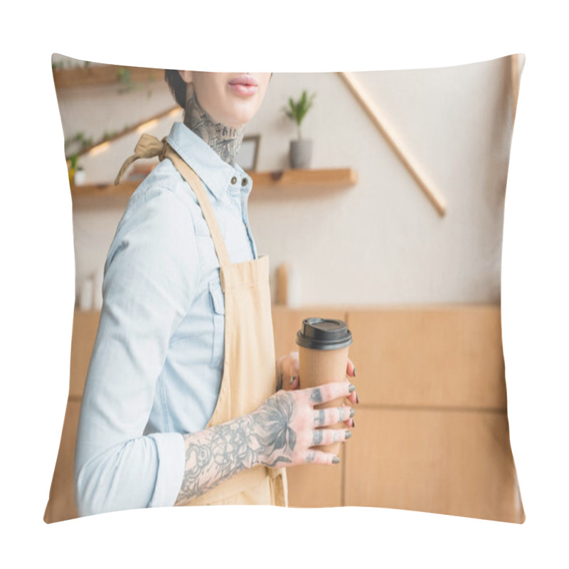 Personality  Partial View Of Tattooed Waitress In Apron Holding Disposal Cup Pillow Covers